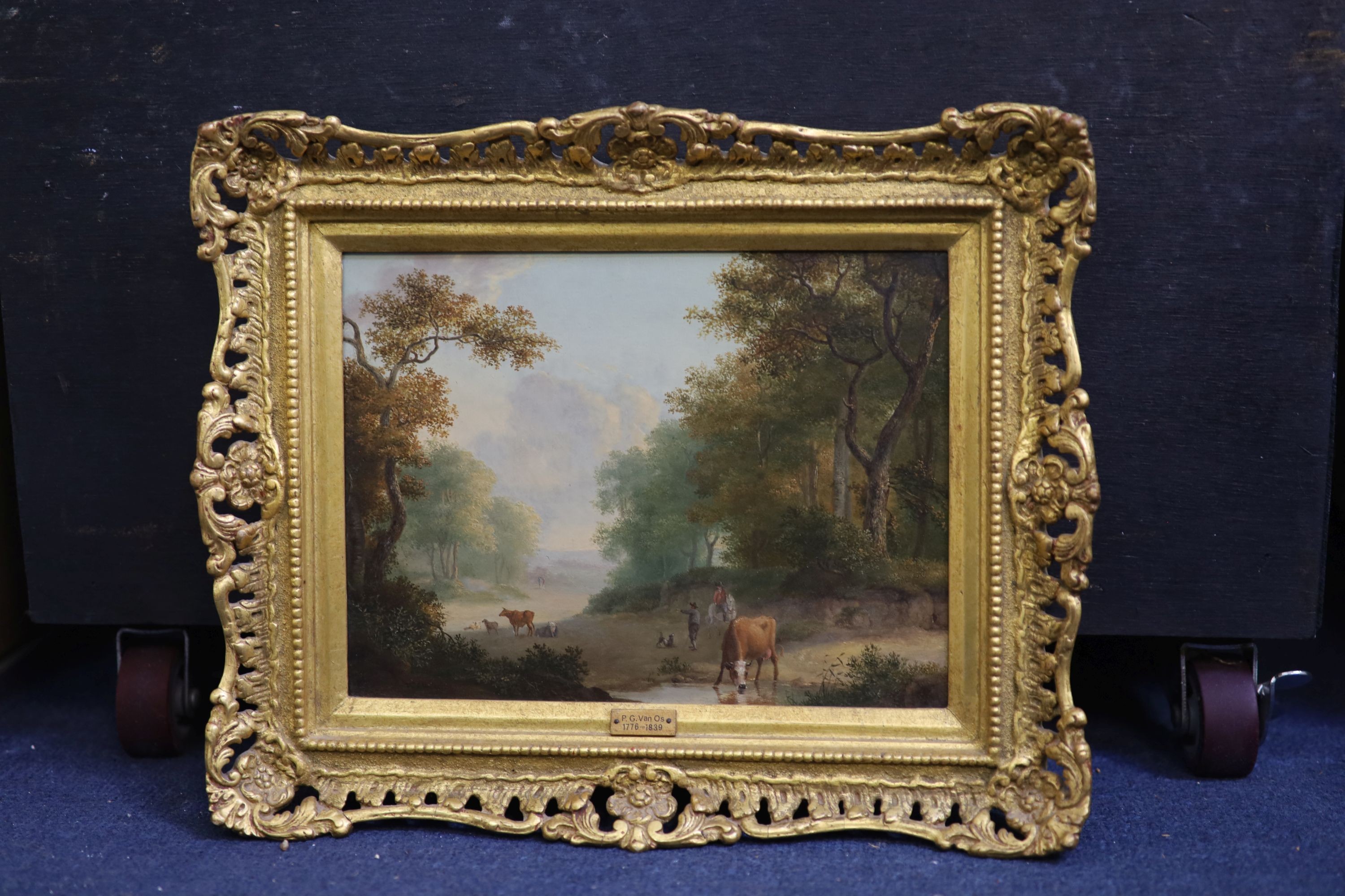 Pieter Gerardus Van Os (1776-1839), Figures and cattle in a woodland glade, oil on wooden panel, 17 x 23cm